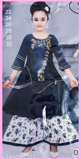 Modern classy girls kurta sets, printed A-line sharara with three-quarter sleeves for children aged 6-7 years, Indian traditional clothing on display